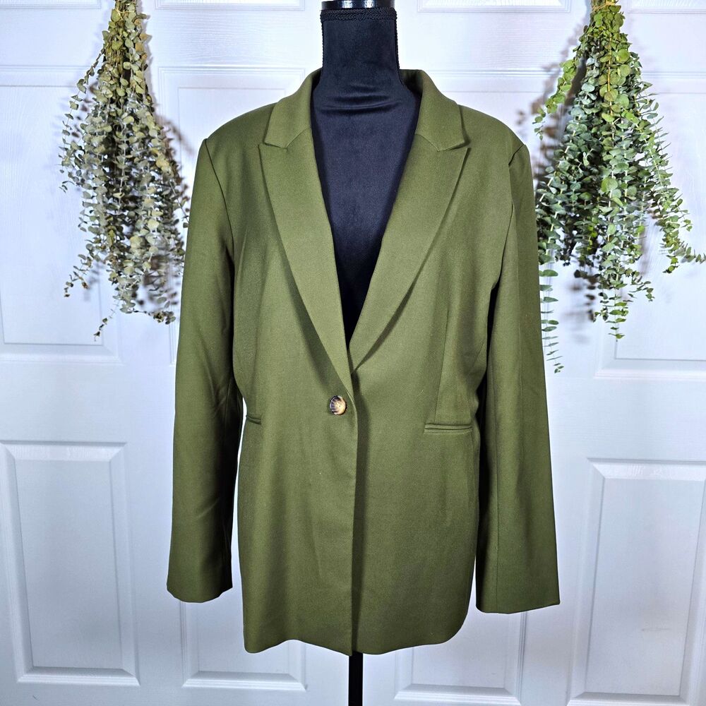 Alex Marie Women's Solid Green Single Button Lined Blazer Jacket Pockets 16